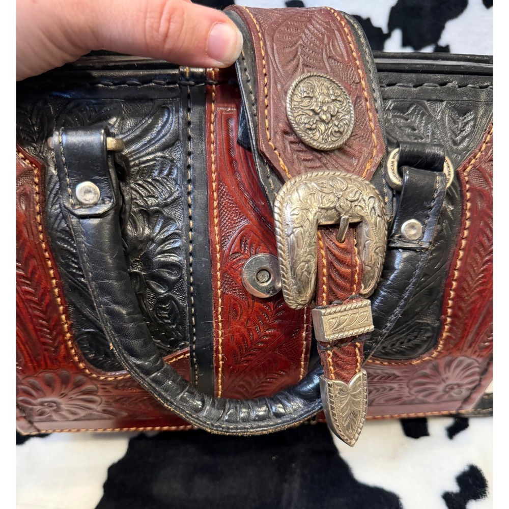 American West Tooled Leather Doctor Bag Western Crossbody Satchel Black Brown - Picture 2 of 9